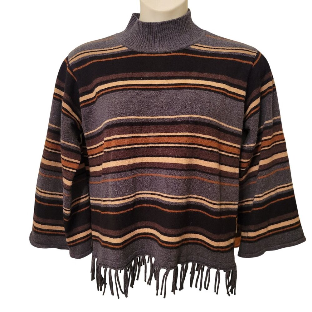 Rafaella XL Striped Fringe Sweater Southwestern Serape‎ Cozy Pullover
